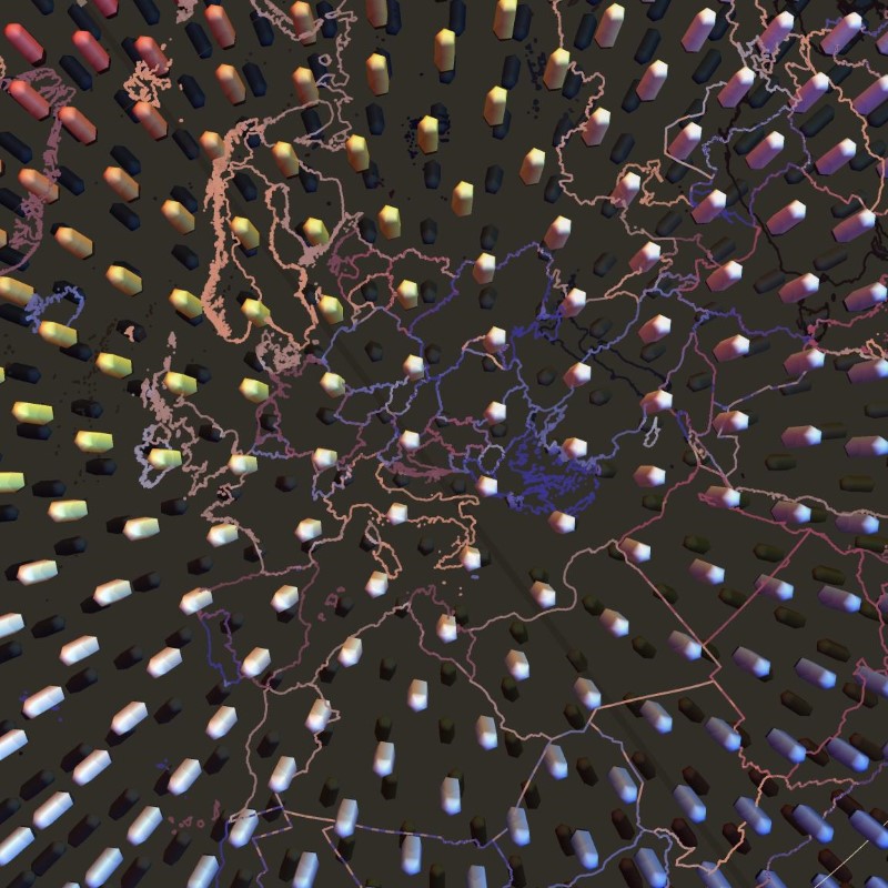 A close-up image of a globe covered with thousands of gravity vector arrows.