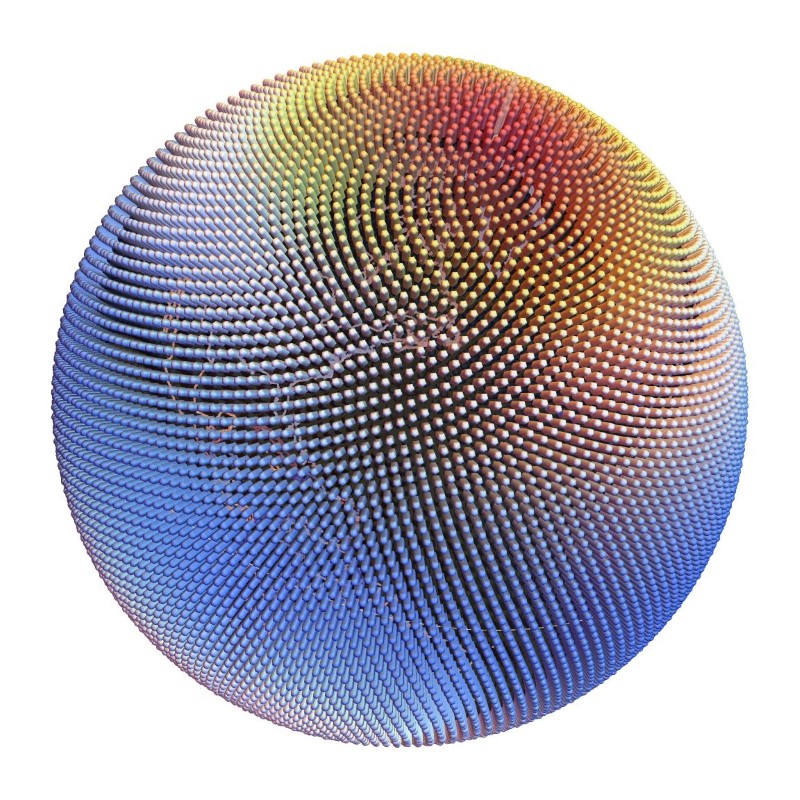 A globe covered with thousands of gravity vector arrows.